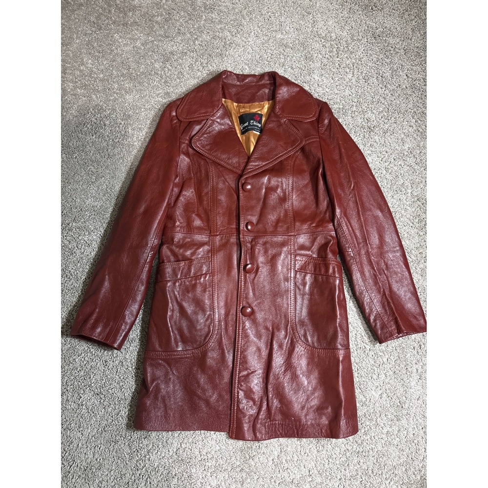 Vintage Great Things Vanguard Canada Burgundy Leather Trench Coat 70s Car Coat